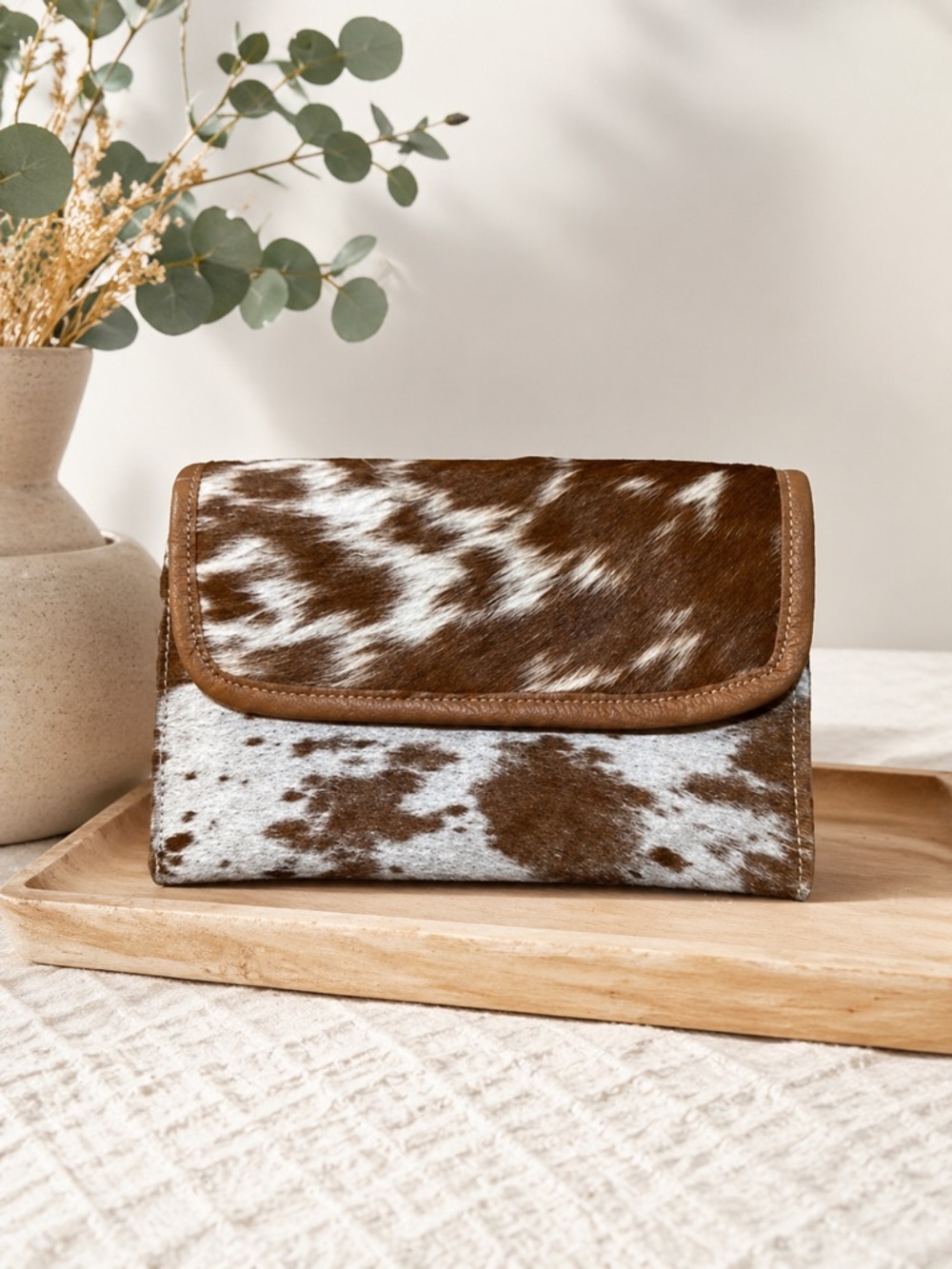 Myra Bag Brown and White Cowhide Foldover Clutch